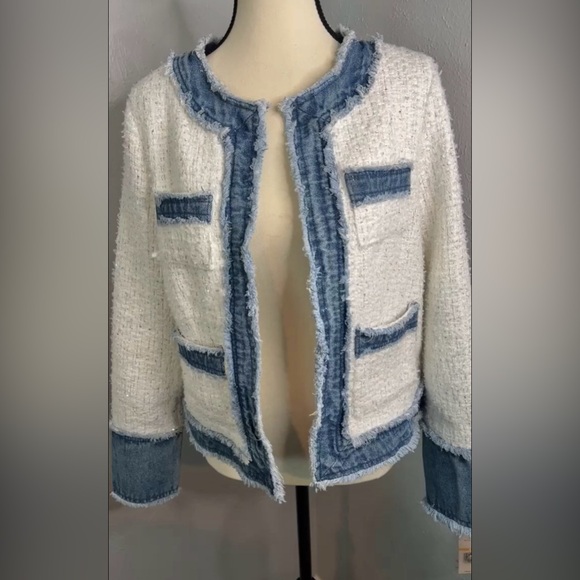 NWT Nanette by Nanette Lepore White Boucle Jacket Denim Trim Size L Women Coat - Picture 2 of 6